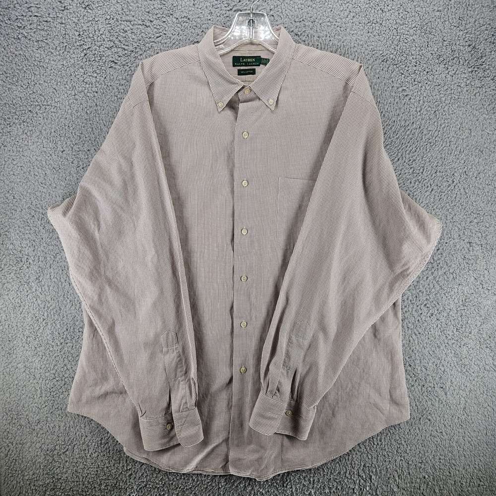 Lauren Ralph Lauren Mens Brown Micro Check Button Down Shirt 17 34/35 XL Cotton